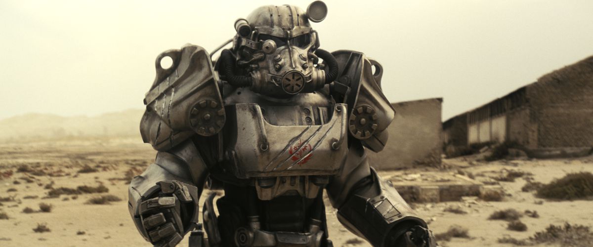 A person clad in a Power Armor suit in the Fallout TV Series,