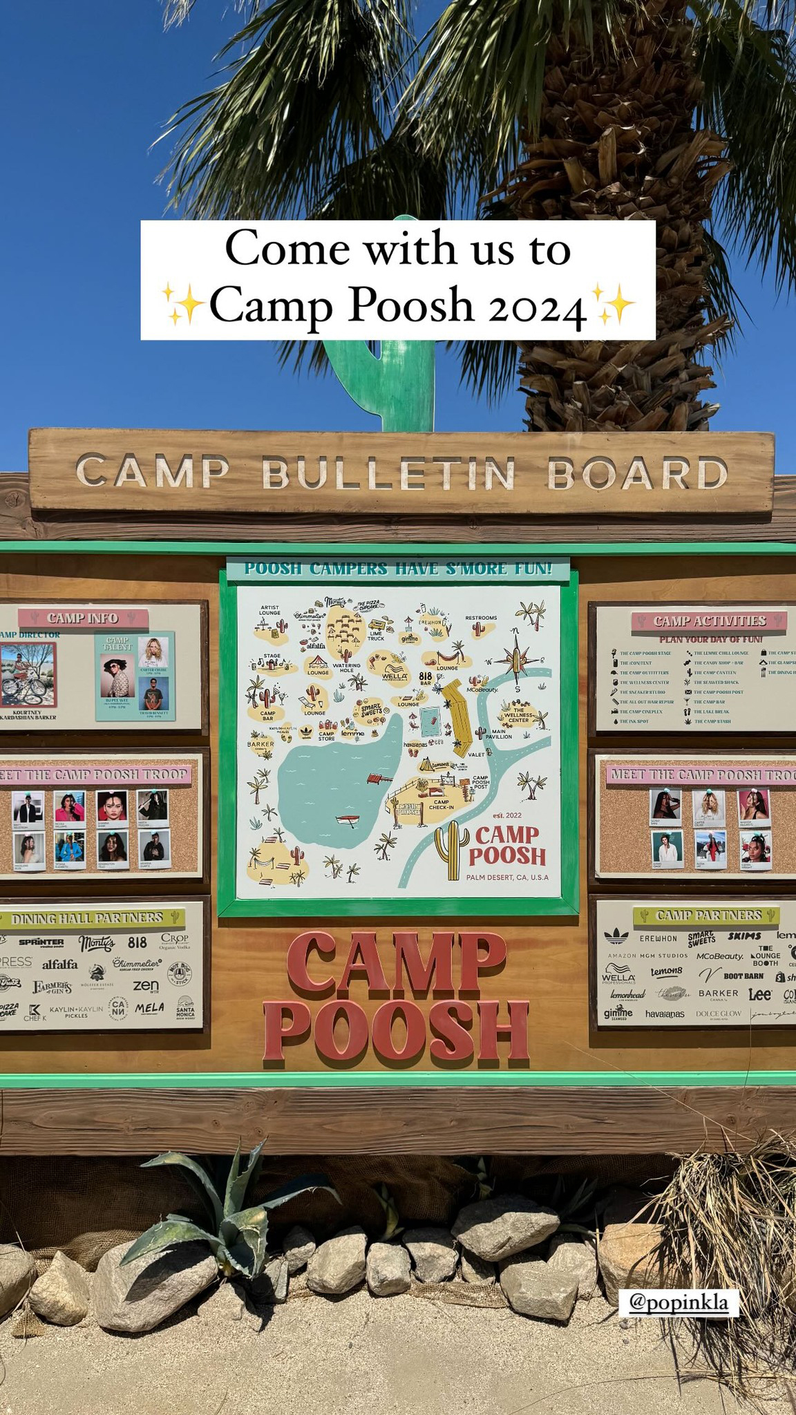 A photo of the Camp Poosh bulletin board showed off the expansive campsite map and included counselor and camper information