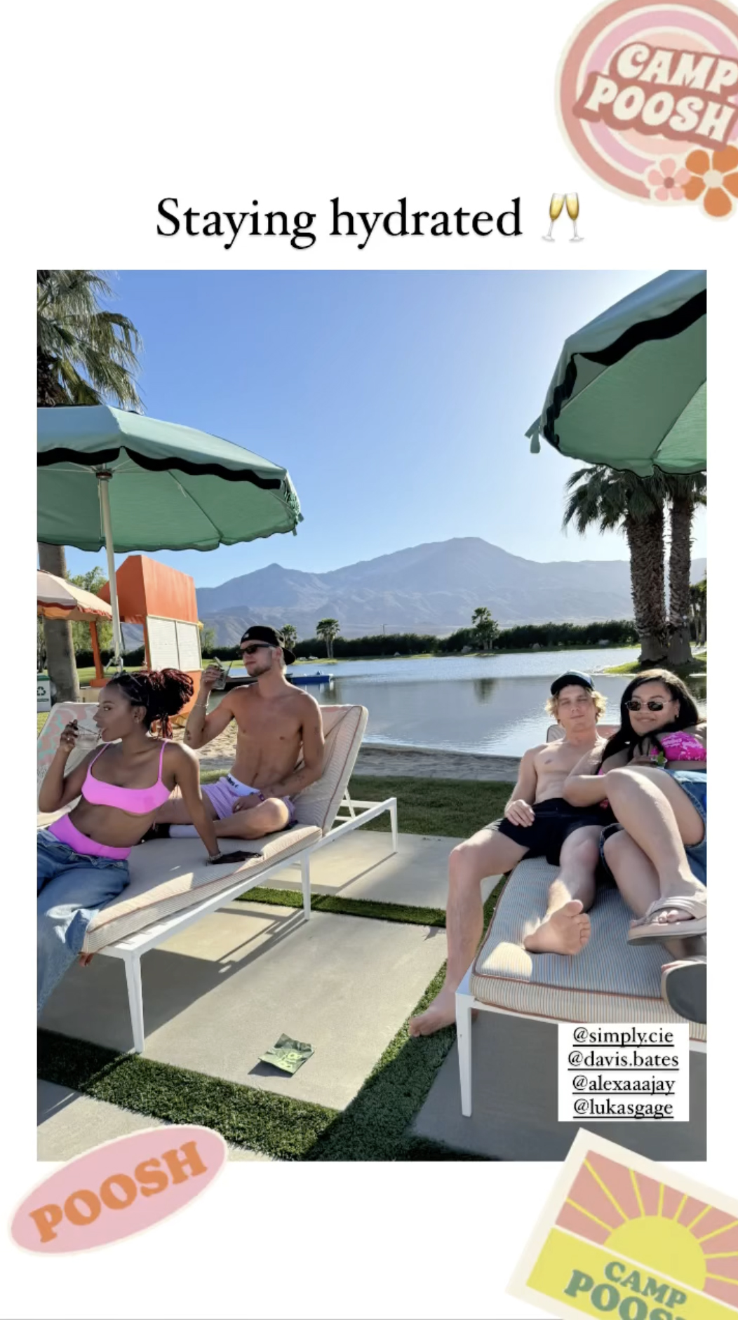 Poosh reposted a pic of Lukas Gage, Alexa Jay, Cierra Wright, and Davis Bates relaxing poolside with the scenic desert landscape in the background