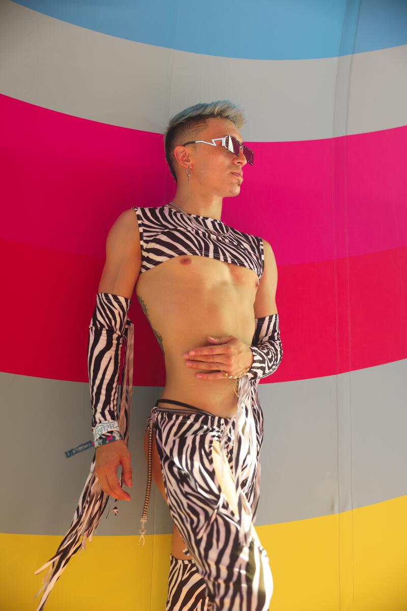 Jake Gonzales, wears a Southern-inspired zebra print ensemble at Coachella.