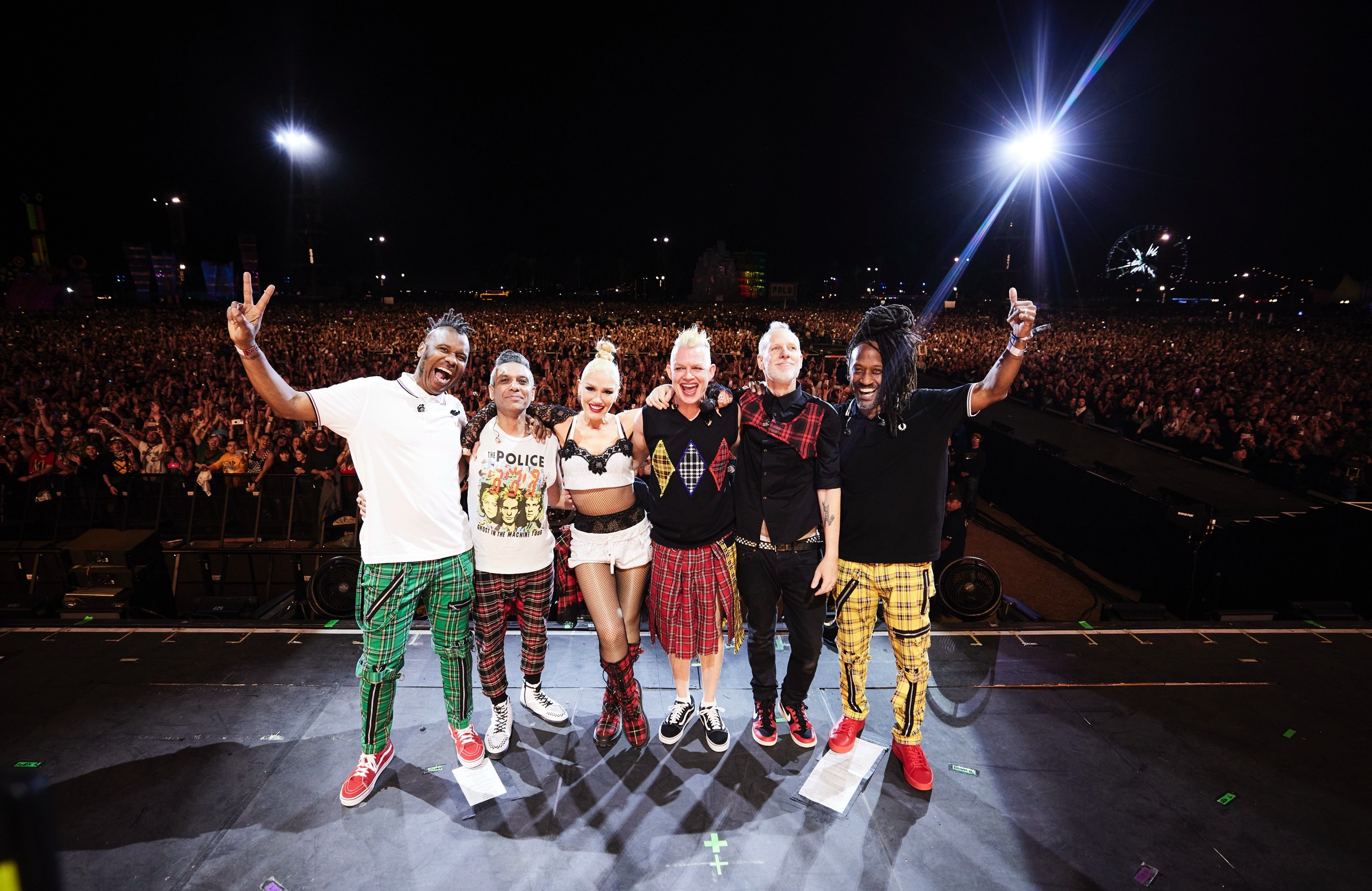 Tony Kanal, Gwen Stefani, Adrian Young, and Tom Dumont of No Doubt reunited on the Coachella Stage in April 2024