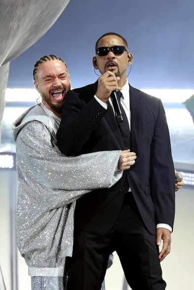J Balvin and Will Smith perform at the Coachella Stage during the 2024 Coachella Valley Music and Arts Festival at Empire Polo Club on April 14, 2024.