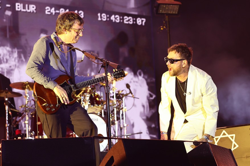 Graham Coxon and Damon Albarn of Blur perform at the Coachella Stage during the 2024 Coachella Valley Music and Arts Festival at Empire Polo Club on April 13, 2024.
