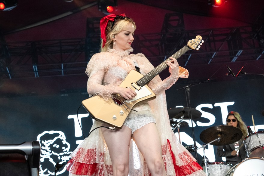 Emily Roberts of The Last Dinner Party performs during the the first weekend of the Coachella Valley Music and Arts Festival at the Empire Polo Club on Saturday, April 13, 2024.