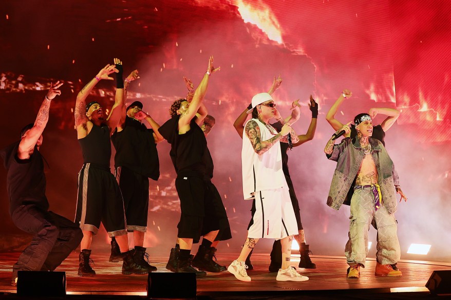 Peso Pluma and Santa Fe Klan perform at the Coachella Stage during the 2024 Coachella Valley Music and Arts Festival at Empire Polo Club on April 12, 2024.