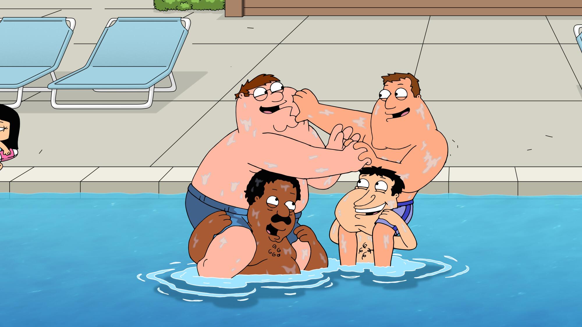 Four animated characters in a swimming pool.