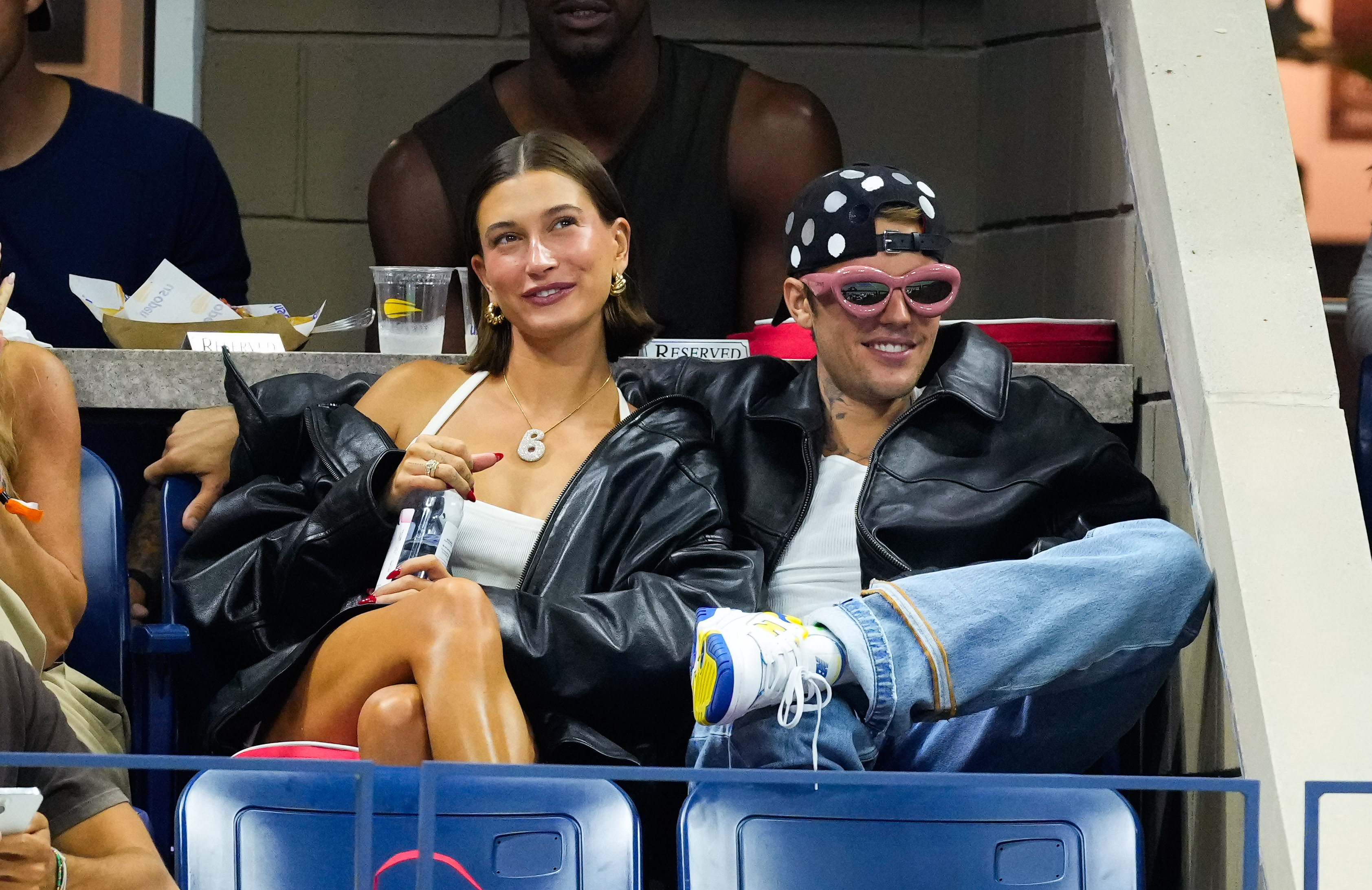 Hailey and Justin both wore oversized leather jackets while attending the US Open Tennis Championships in New York City