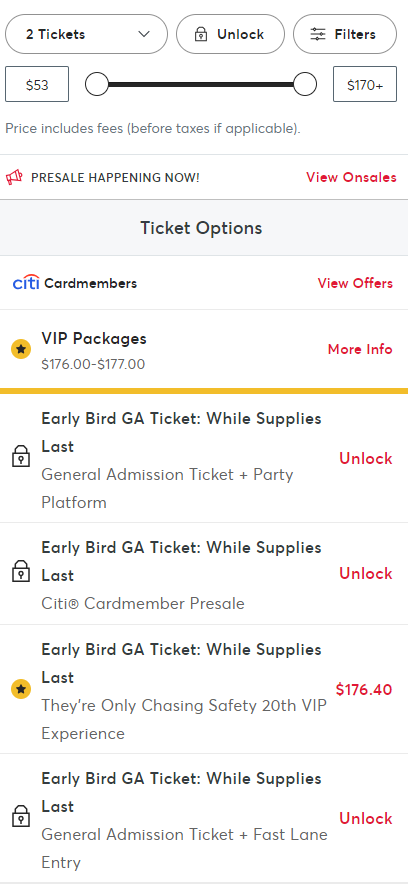 VIP tickets are almost up to $200