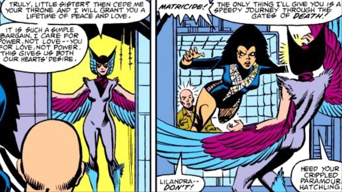 Deathbird taunts her sister Lilandra, Empress of the Shi'ar and love of Charles Xavier.