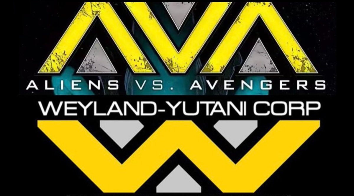 The Aliens Vs. Avengers logo and the Weyland-Yutanic corporation logo from Aliens.