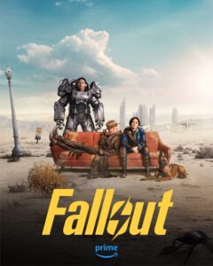 The Ghoul leans on Lucy on an orange couch in the Wasteland with Maximus in the background in art from Amazon announcing Fallout season 2