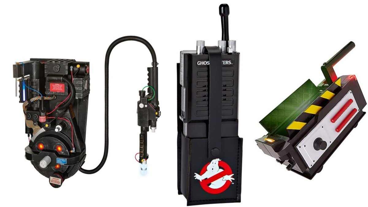 Spirit Halloween's Ghostbusters offerings for 2024, including a proton pack, walkie talkie, and ghost trap.