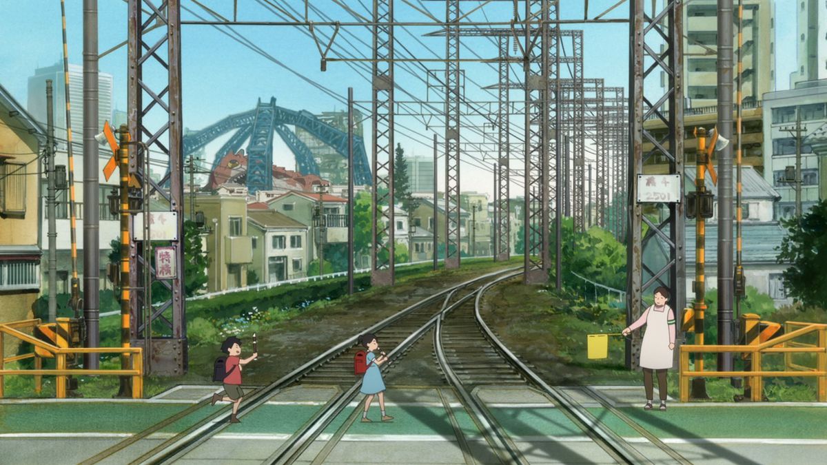Two small children crossing over railroad tracks with remnants of a larger monster visible in the far distance in Kaiju No. 8.