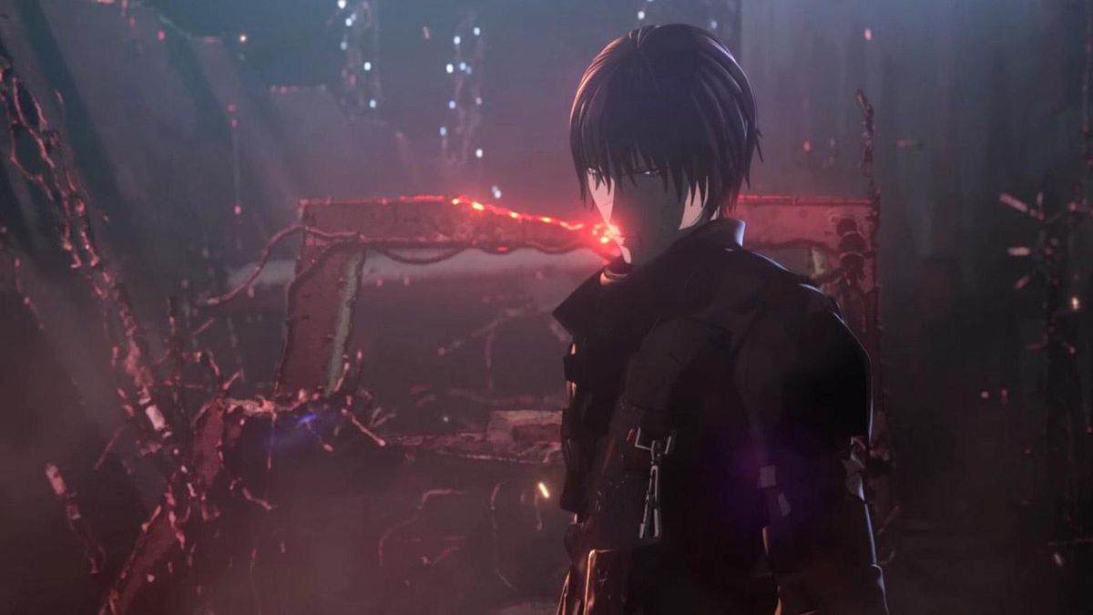 A black-haired anime man in a black suit standing in front of a charred, melted heap of metal grating in Blame!.