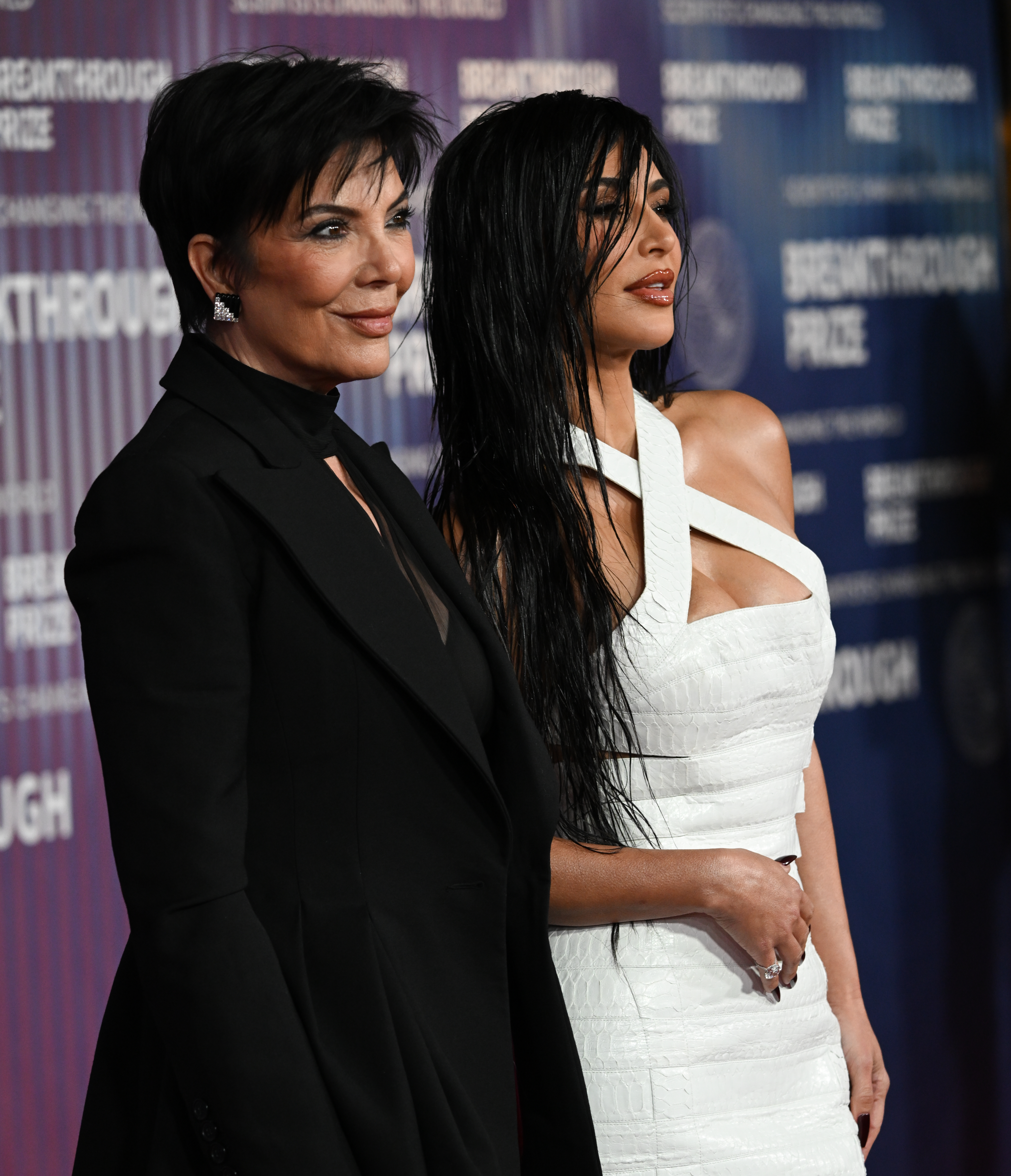 Kris Jenner (L) and Kim Kardashian (R) posed at the Breakthrough Prize Awards in April 2024