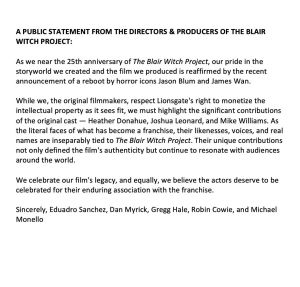 Statement from 'The Blair Witch' project directors and producers
