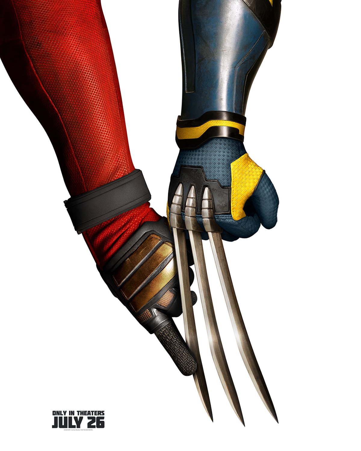 Deadpool's arm lightly touching one of Wolverine's claws in a Deadpool & Wolverine poster
