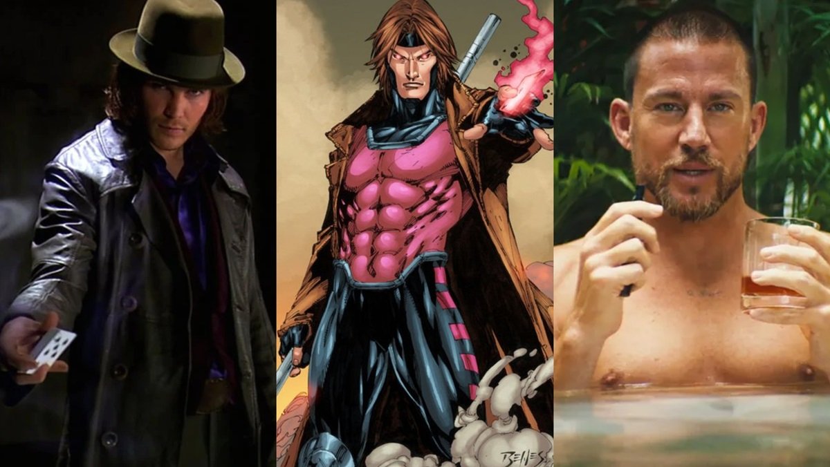 Taylor Kitsch as Gambit in X-Men Origins: Wolverine (L) Gambit in Marvel Comics (Center) and Channing Tatum in Blink Twice (R)