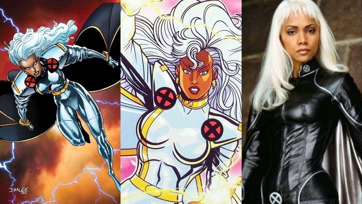 Storm's early 90s comic look, designed by Jim Lee, and Halle Berry as Storm in the first X-Men film.