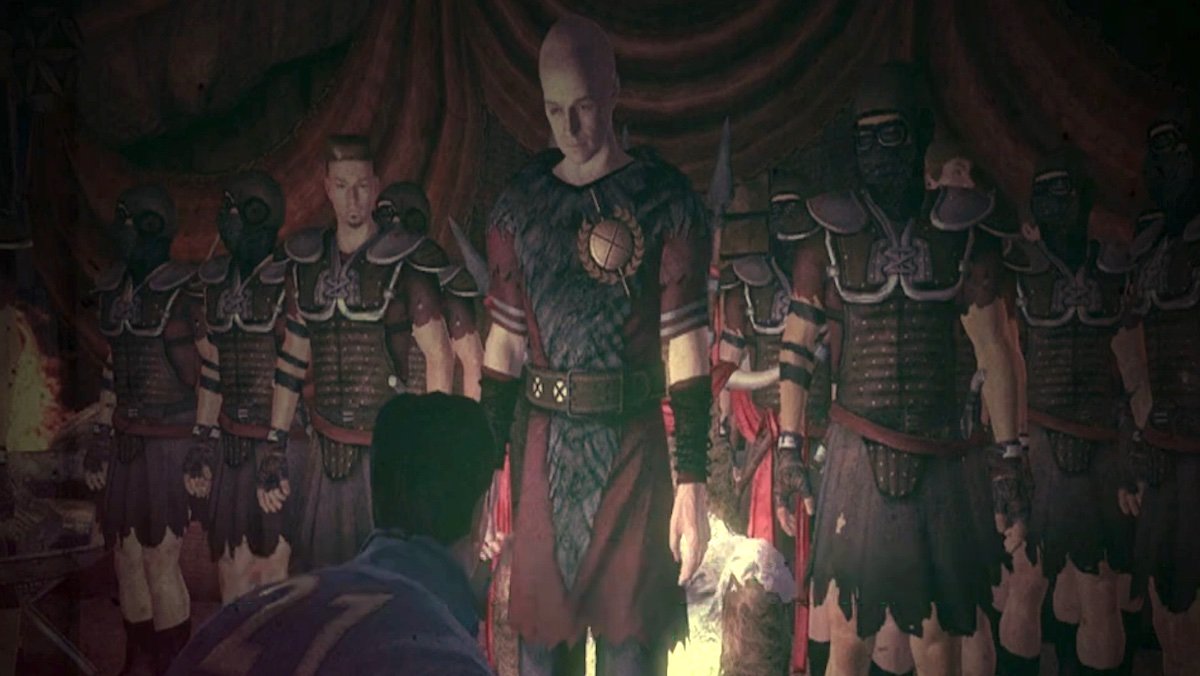 The Courier kneels before Caesar and his Legion's soldiers in an ending from Fallout: New Vegas