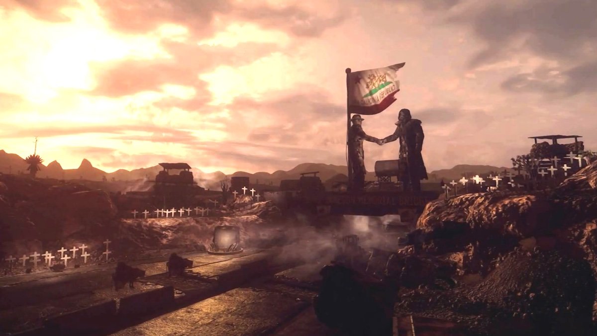 Two people shake hands near a flag before a war worn field in Fallout: New Vegas