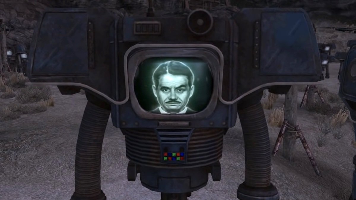 Animated image of a mustachioed Mr. House on the screened head of a robot in Fallout New Vegas