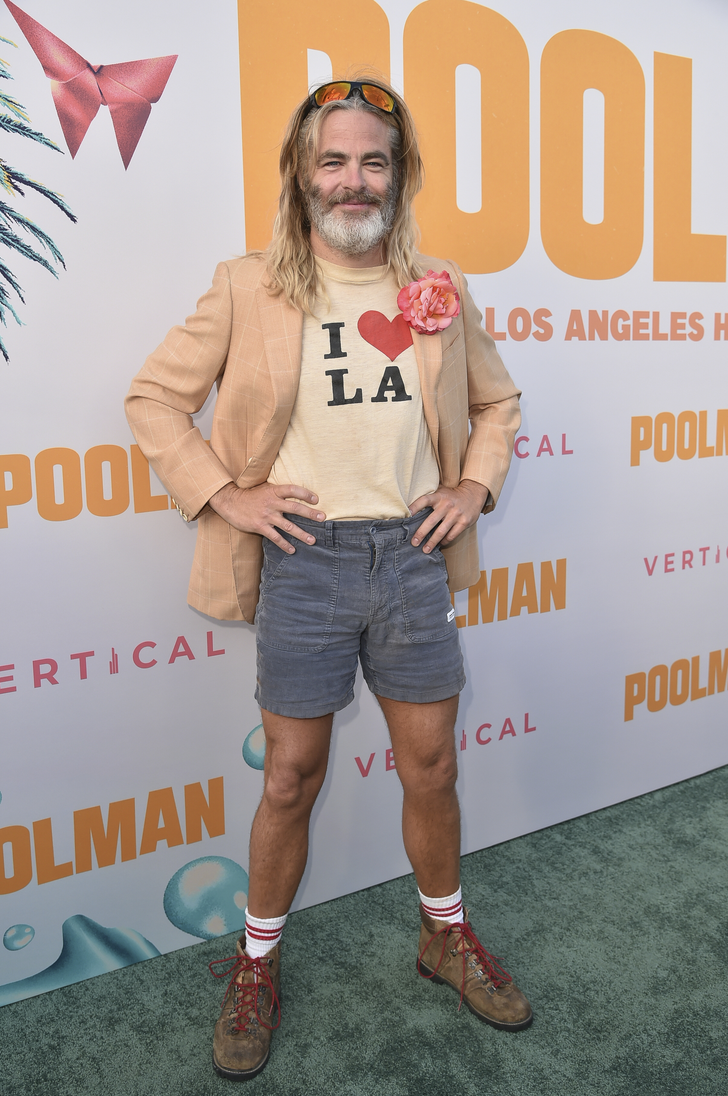 Chris Pine dressed up as the leading character from his new film Poolman during the Toronto International Film Festival