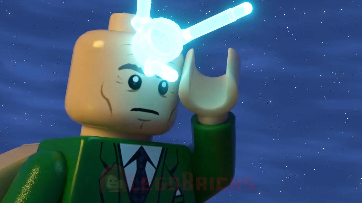 A LEGO Professor X with a beam of light coming from his forehead