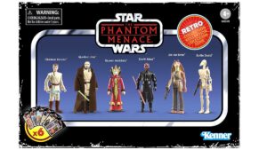 The packaging of Hasbro's Star Wars The Phantom Menace retro collection action figure multipack showing Obi-Wan, Qui-Gon, Padme, Darth Maul, Jar Jar and a battle droid