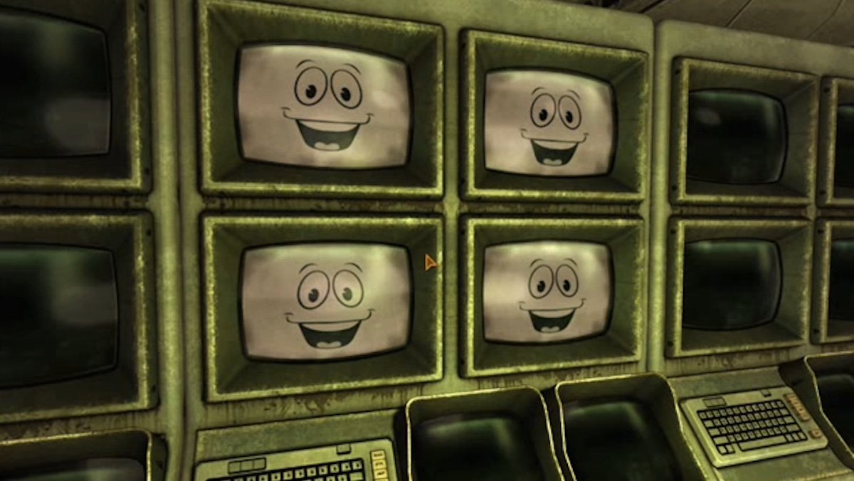 Four computer screens with Yes Man's smiling face in Fallout: New Vegas