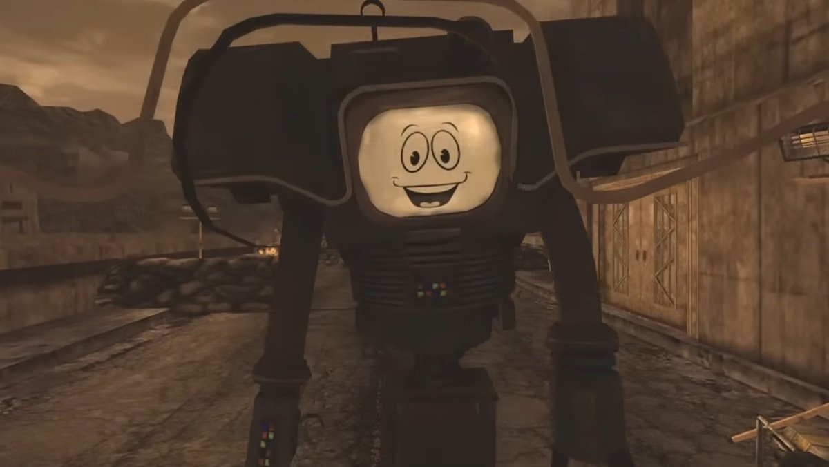 Yes Man with his smiley face in a Securitron robot in Fallout: New Vegas