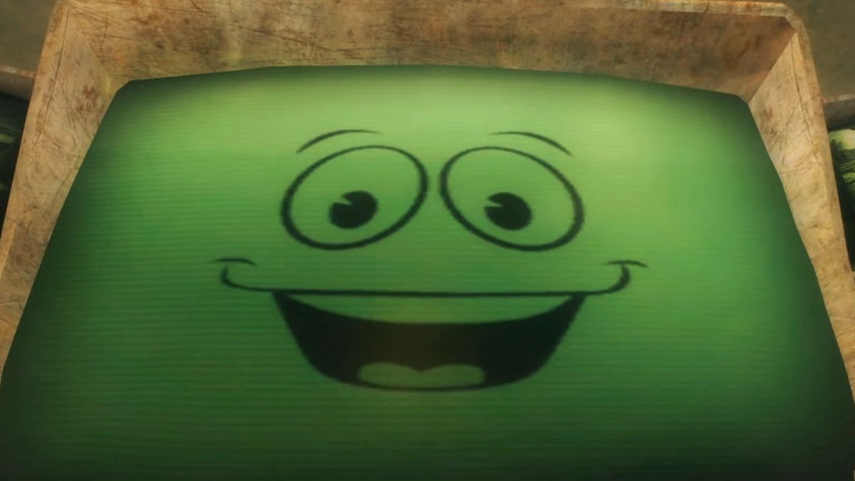 A green computer screen with Yes Man's smiling face in Fallout: New Vegas
