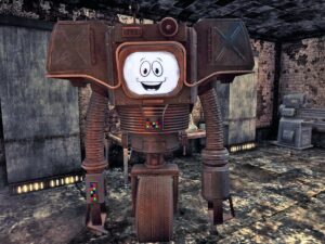 Yes Man, the smiling AI program inside a one-wheeled Securitron robot from Fallout: New Vegas