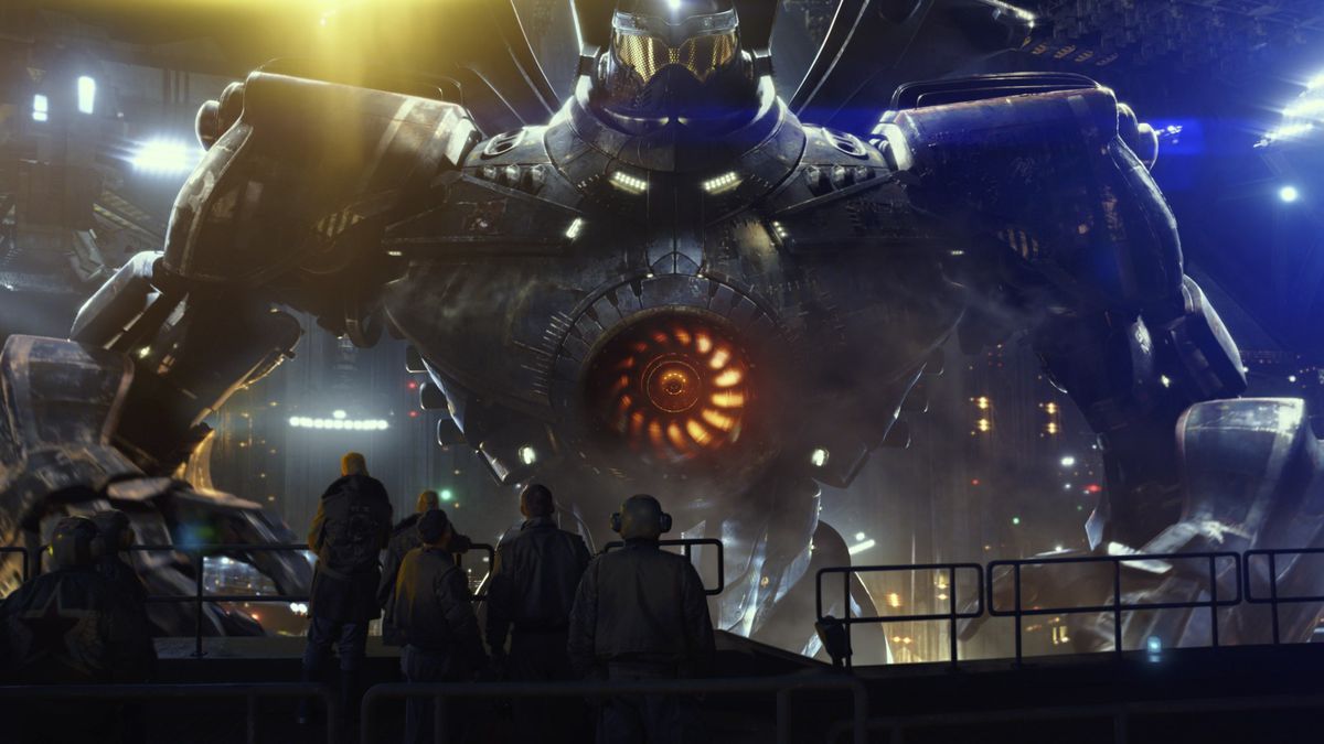 A wide-shot of a gigantic mecha being repaired by a team of maintenance workers staring in astonishment.