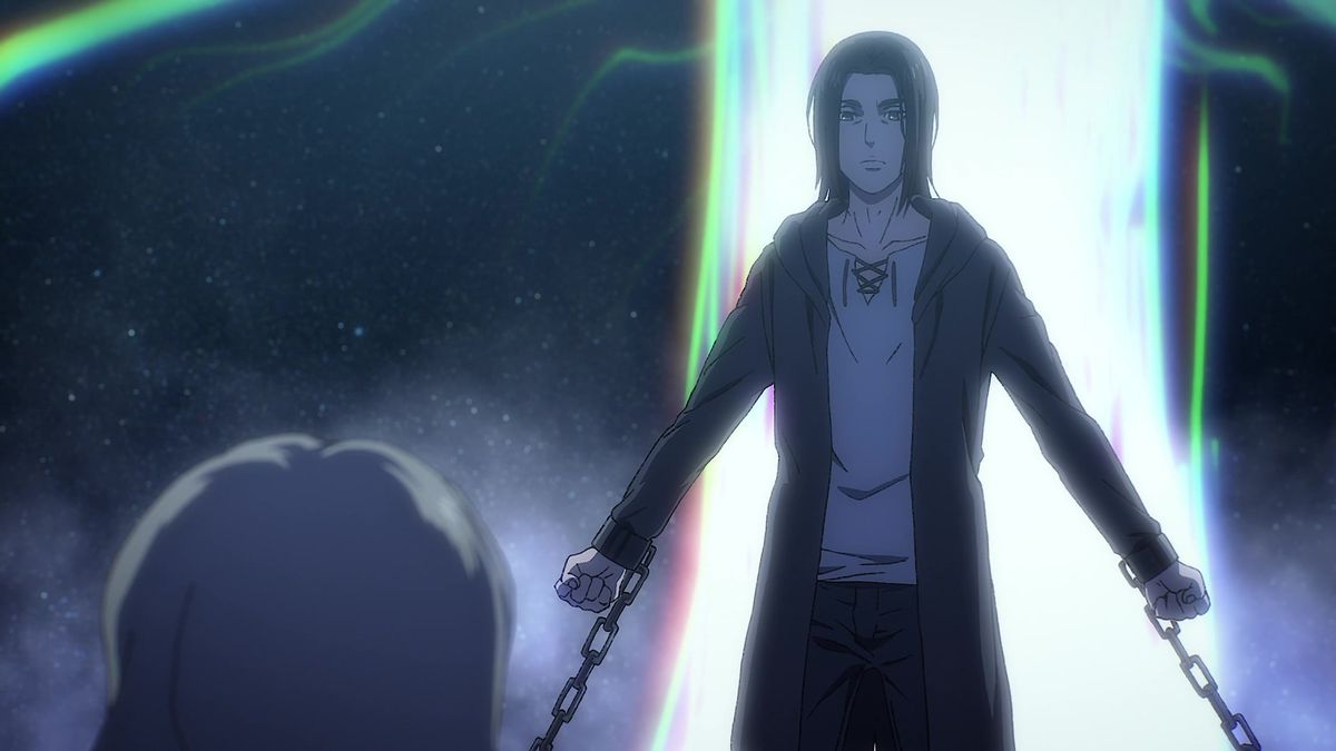 A long-haired anime man with shackles around his wrists stands with a giant glowing pillar behind him and a pitch-black starry night.
