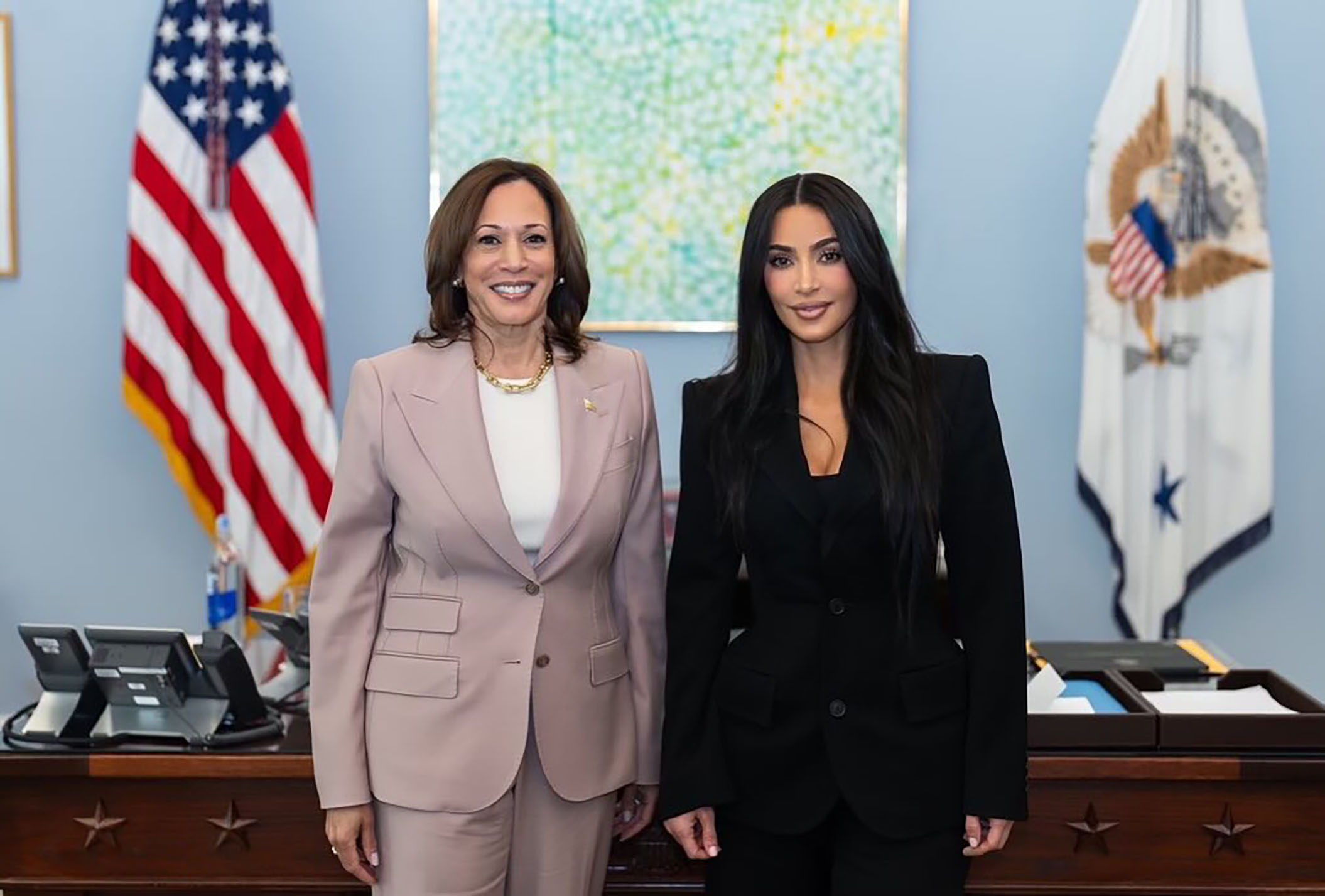 Kim Kardashian was last seen with dark hair when she met Vice President Kamala Harris at the White House