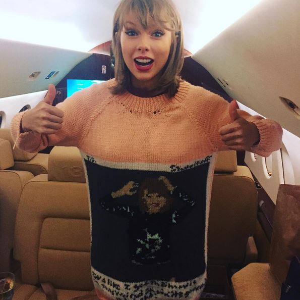 Taylor posing on a private jet