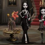 Full body image of wednesday and morticia addams monster high dolls