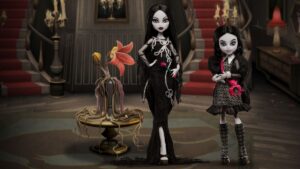 Full body image of wednesday and morticia addams monster high dolls