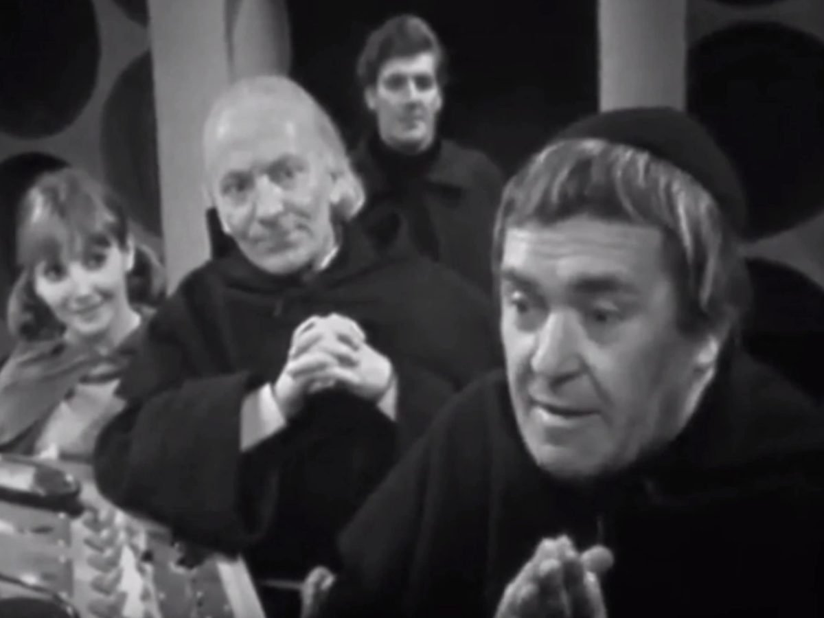 The Doctor, Vicki, and Steven speak to the Meddling Monk in Doctor Who historical story The Time Meddler.