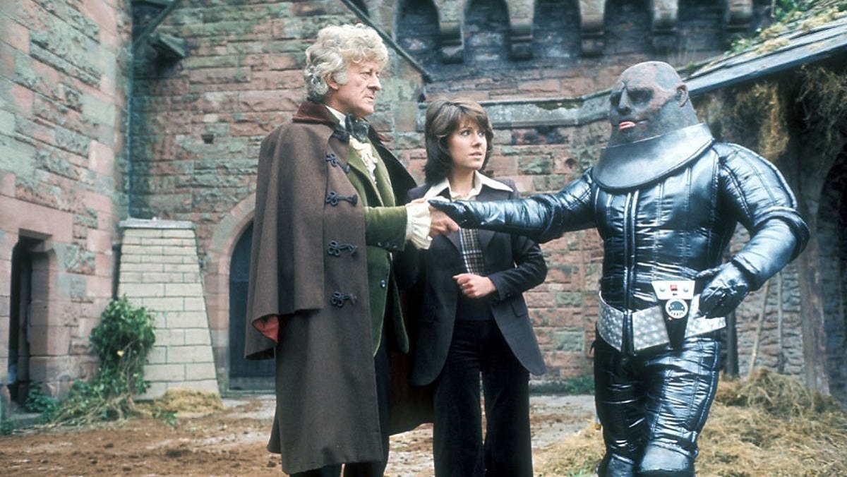 The Doctor and Sarah Jane confront a Sontaran in the historical story The Time Warrior.