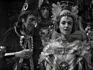 Barbara (Jacqueline Hill) in the garb of Aztec goddess Yetaxa in Doctor Who.
