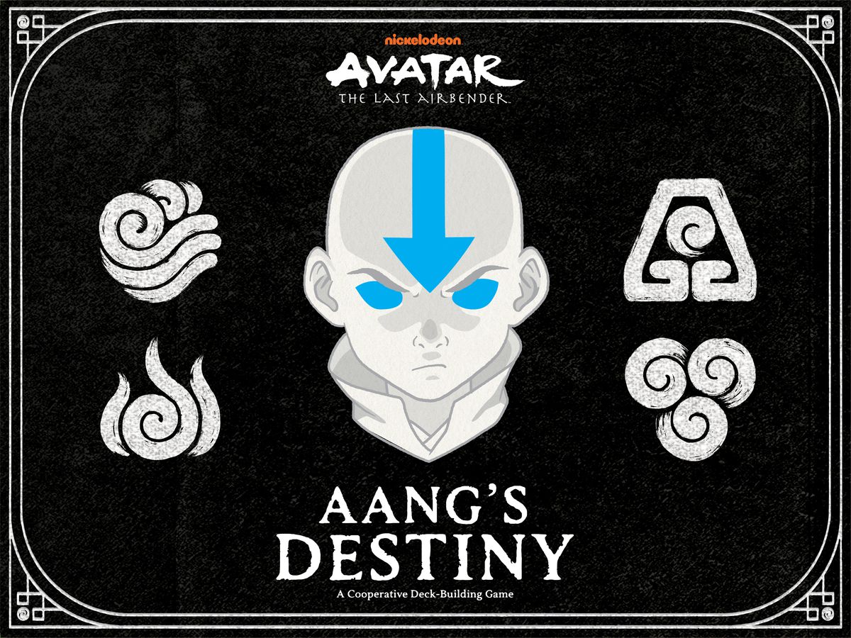 Aang’s determined face, and the symbols of the four nations of Avatar: The Last Airbender feature in black, white, and blue on the box art for Avatar: The Last Airbender — Aang’s Destiny.