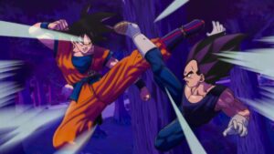 Goku and Vegeta clashing in battle in a blue and purple forest in Dragon Ball Super: Super Hero.
