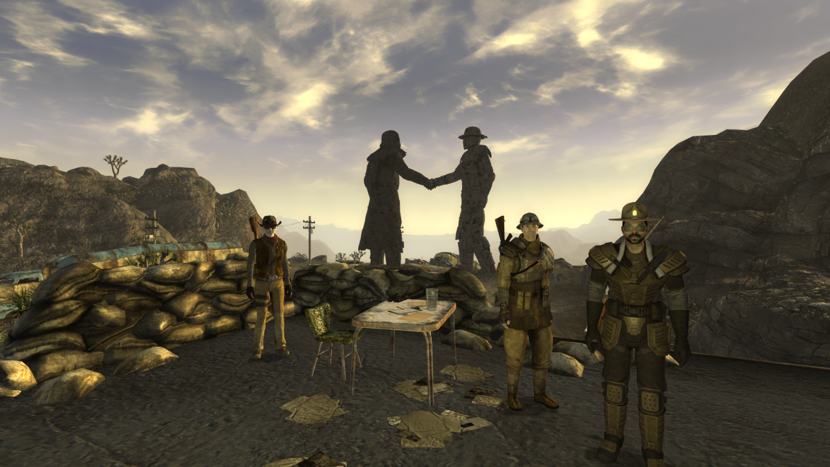 two characters shake hands in a barren wasteland in fallout for the ncr faction