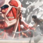 Eren Yeager, the protagonist of Attack on Titan, standing in front of the “Colossal Titan” with his swords drawn in Attack on Titan.