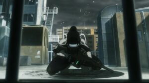 A black-haired anime woman in a black suit holding a rifle lands on the rooftop of a building, an impact crater visibly surrounding her in Kaiju No. 8.