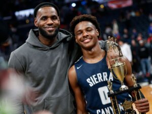 LeBron James and his son Bronny after a high school basketball game on Dec. 14, 2019, in Columbus, Ohio.