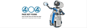 A 404 page with an illustration of HERBIE the robot and a QR code on his side. The 4s are set in circles like the Fantastic Four logo.