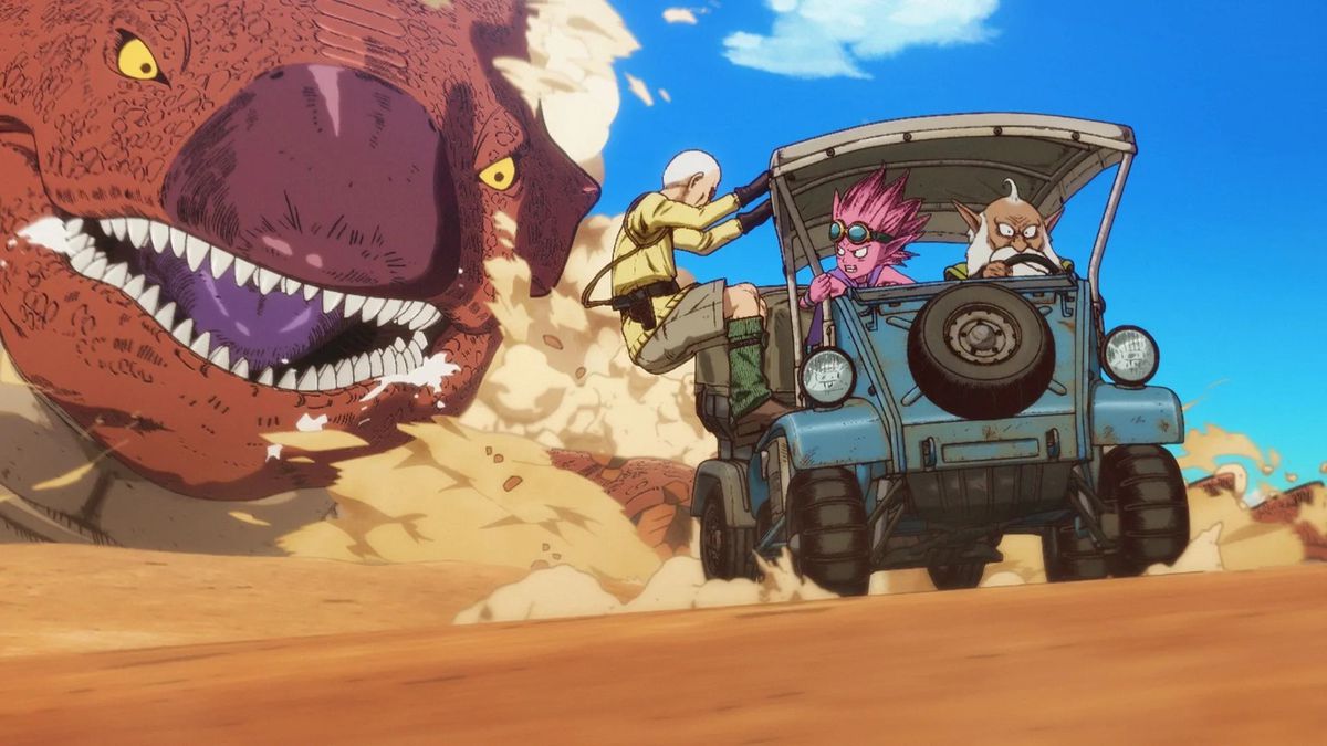 A pink anime boy wearing goggles, an old man with a large beard, and an older man in a yellow shirt driving a blue car away from a large orange desert creature.